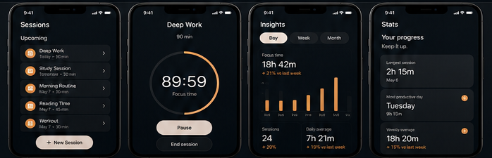 Blocker app session, timer, insights and statistics screens